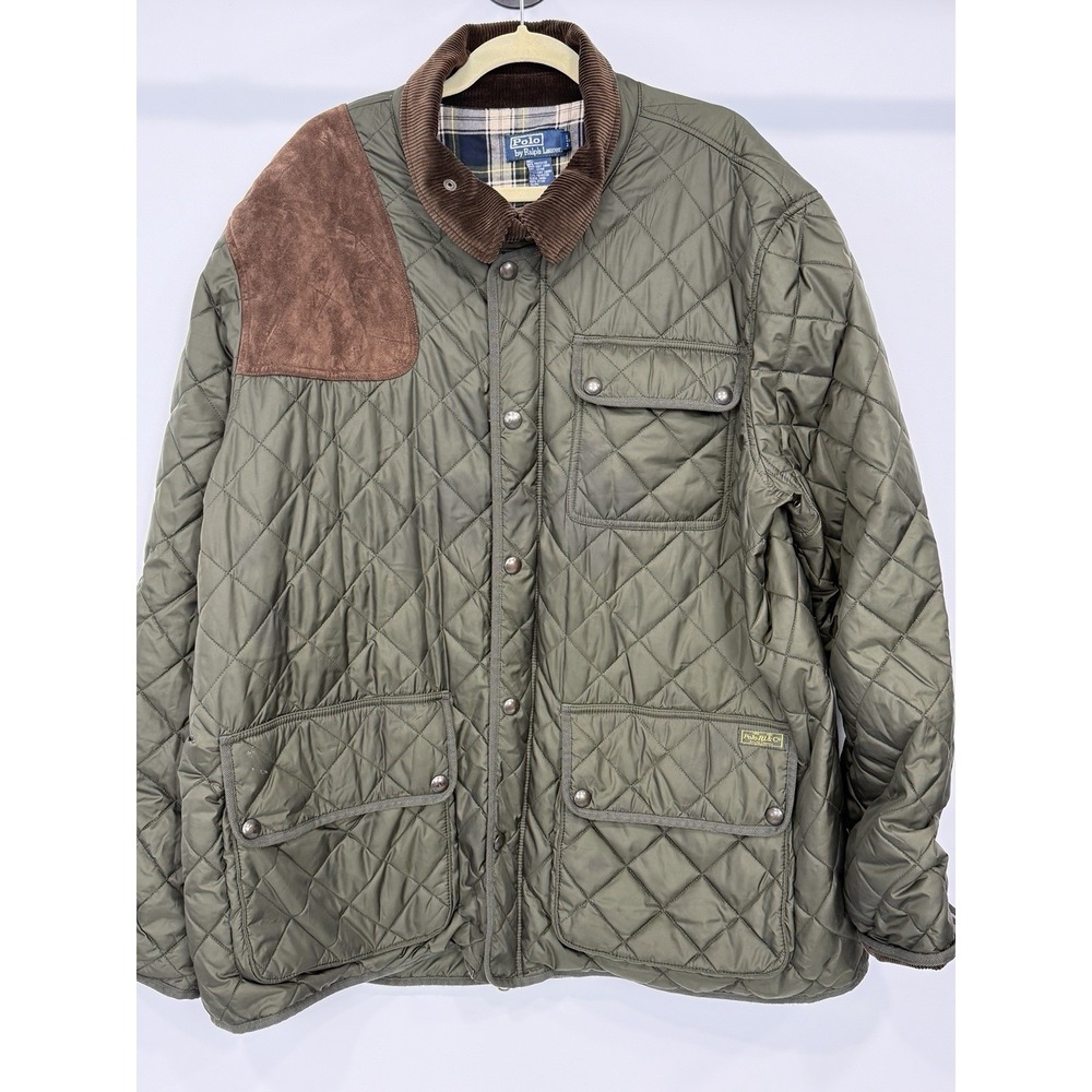 HOT VTG Polo Ralph Lauren Hunting Parka Quilt Leather Pad Olive Jacket 3XLT Tall